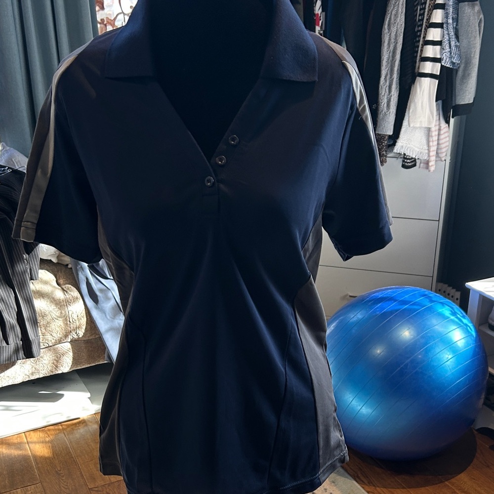 Women's Navy and Gray Button-Down Polo Top